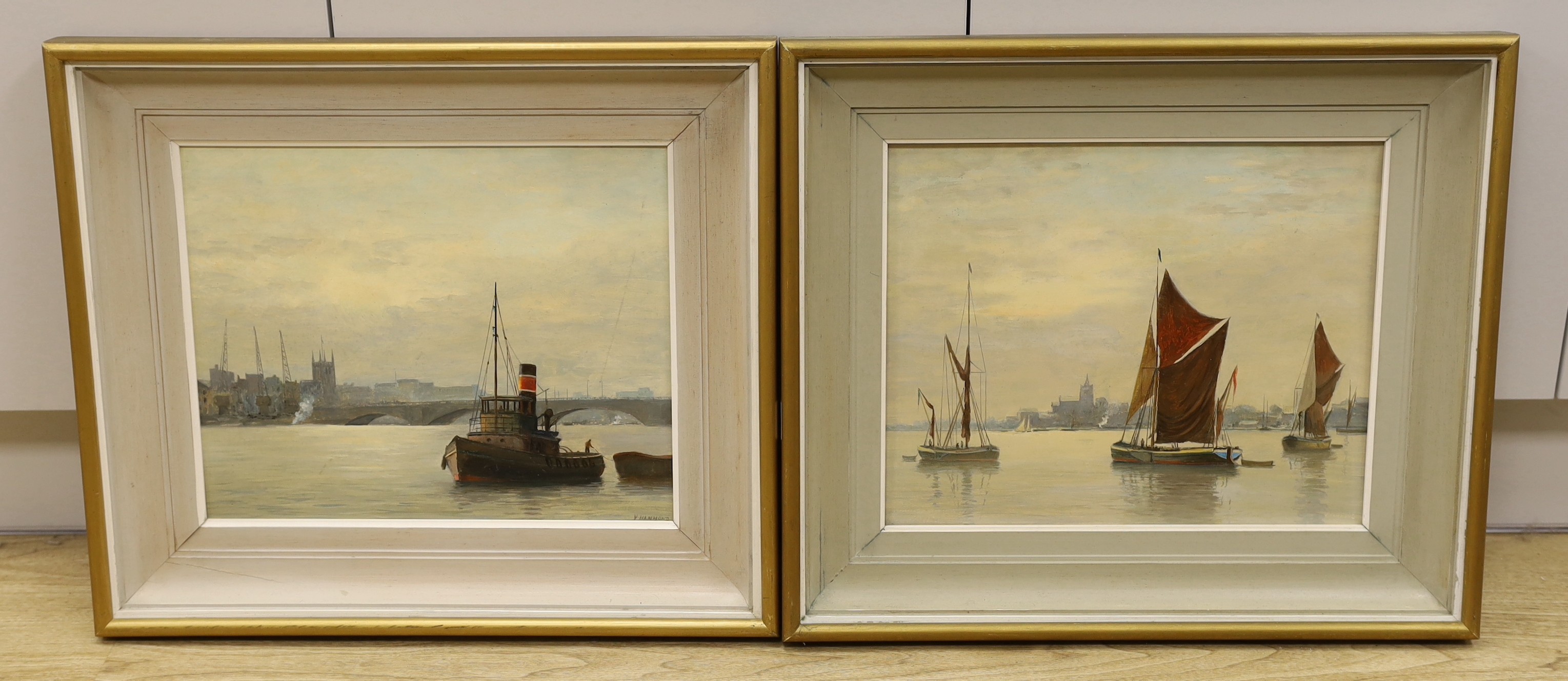 Albert Vavasour Hammond FRSA (1900-1985), pair of oils on board, 'Southwark' and 'Thames Barges', signed, 32 x 39cm